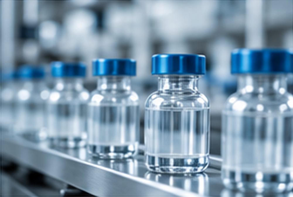 Peptide vials on a stainless-steel production line