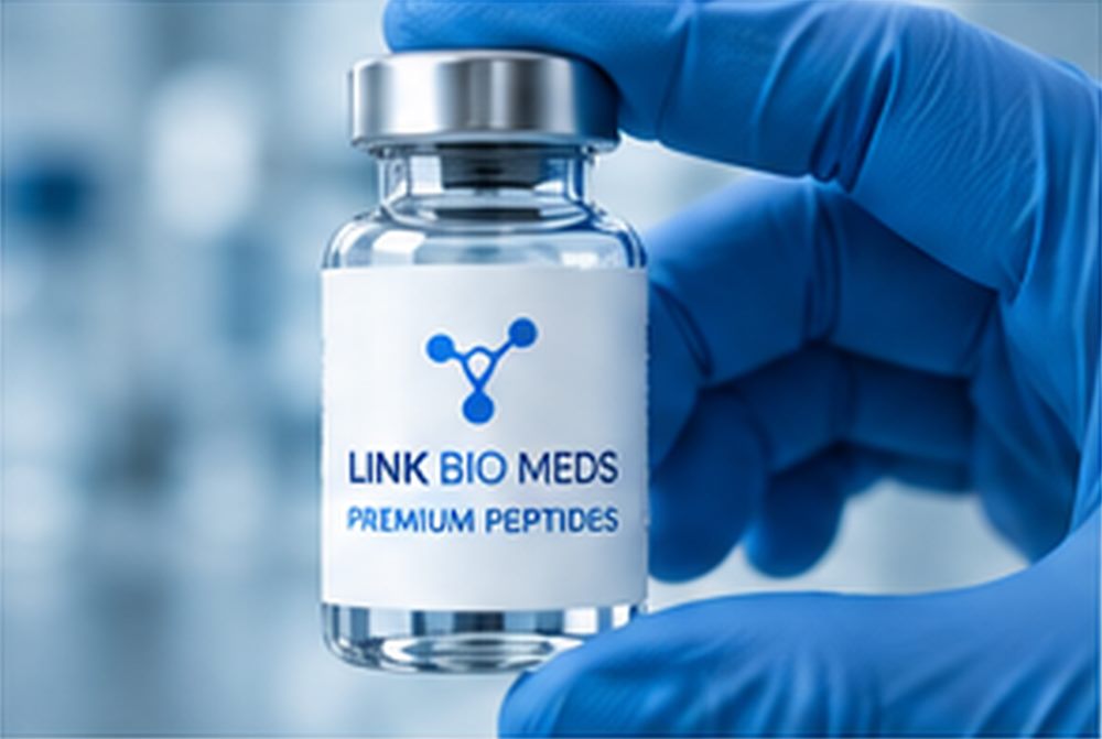 Gloved hand holding a Link Bio Meds premium peptide vial