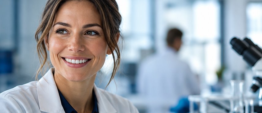 Smiling Link Bio Meds team member in a laboratory
