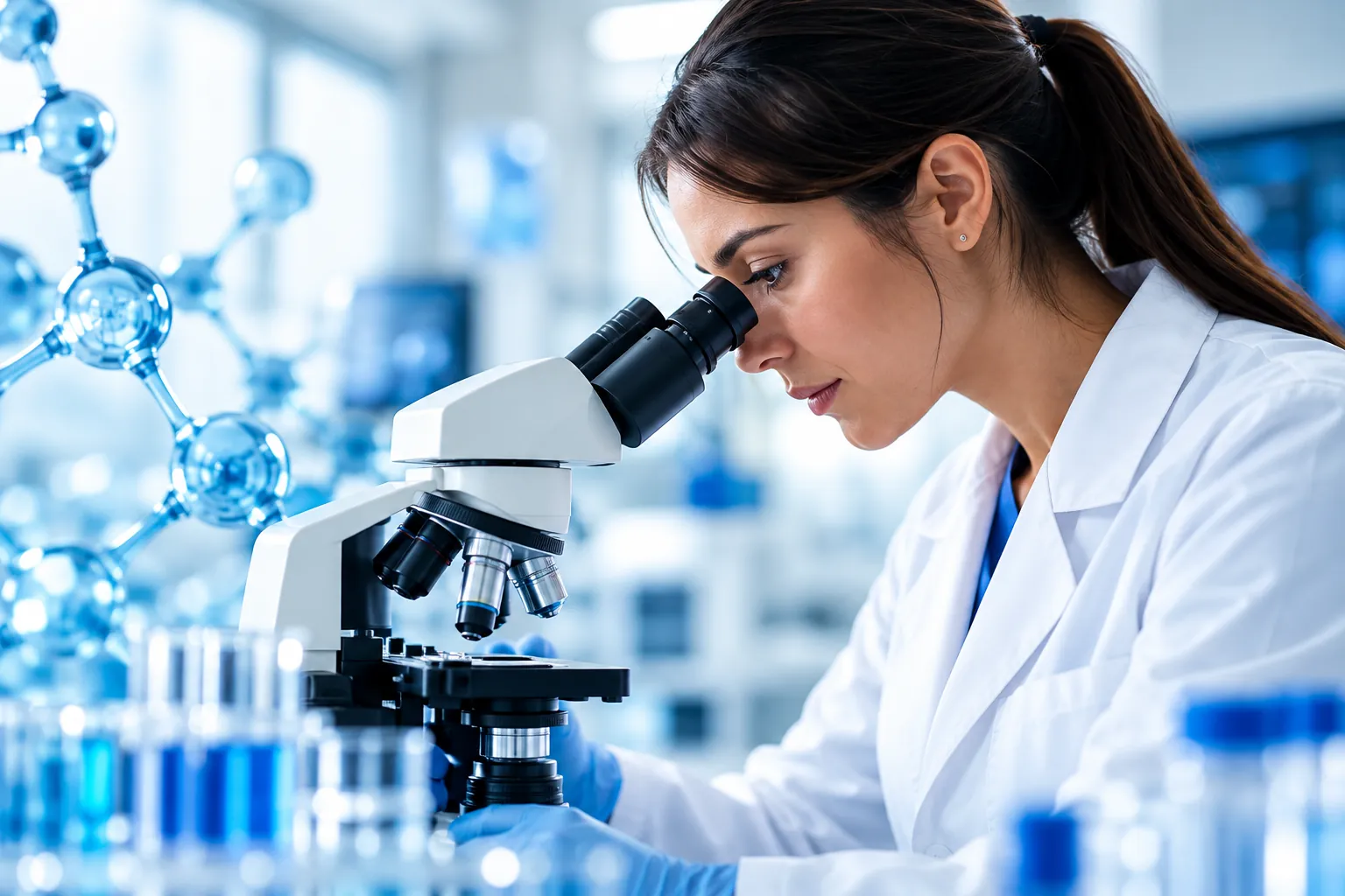 Scientist examining a sample under a microscope