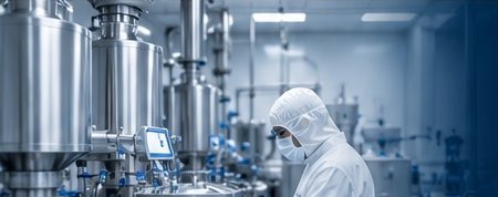 Technician in protective clothing working in a manufacturing cleanroom