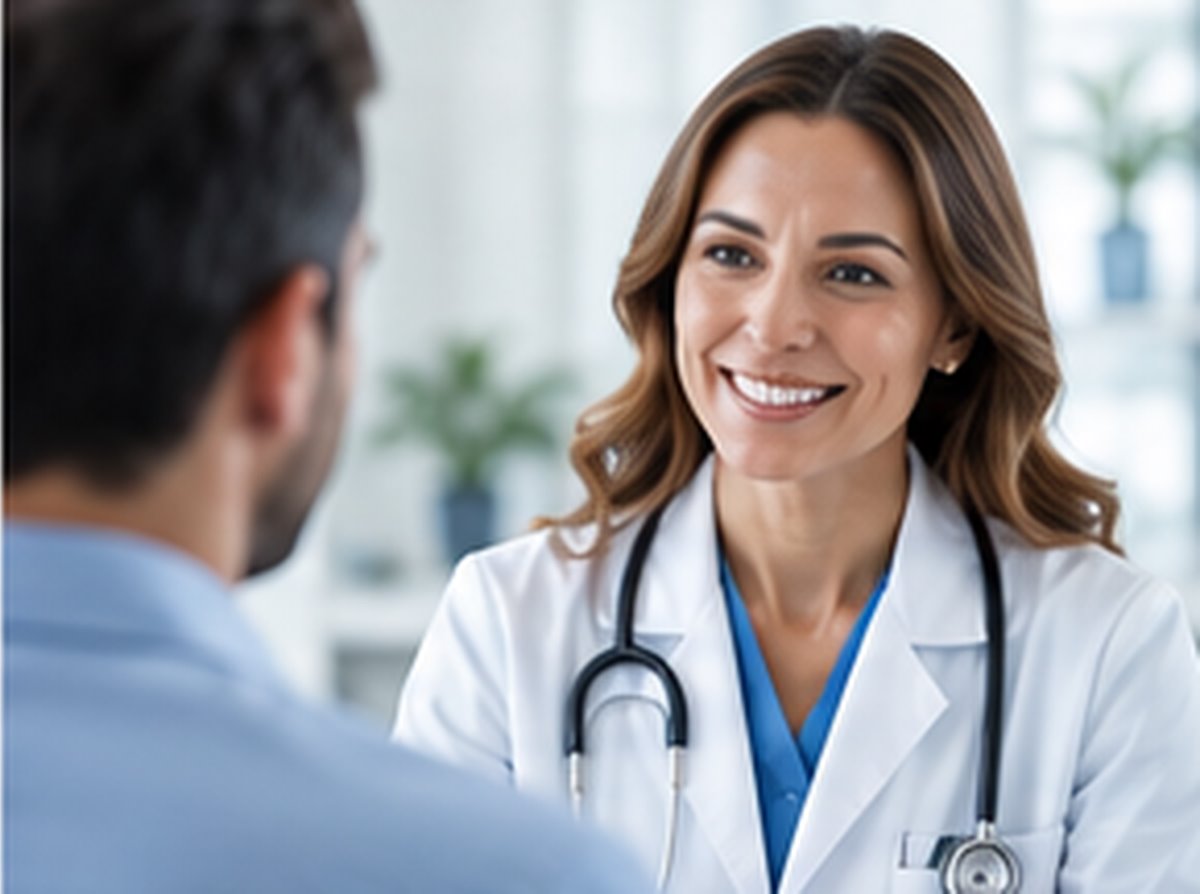 Smiling clinician in a consultation with a patient
