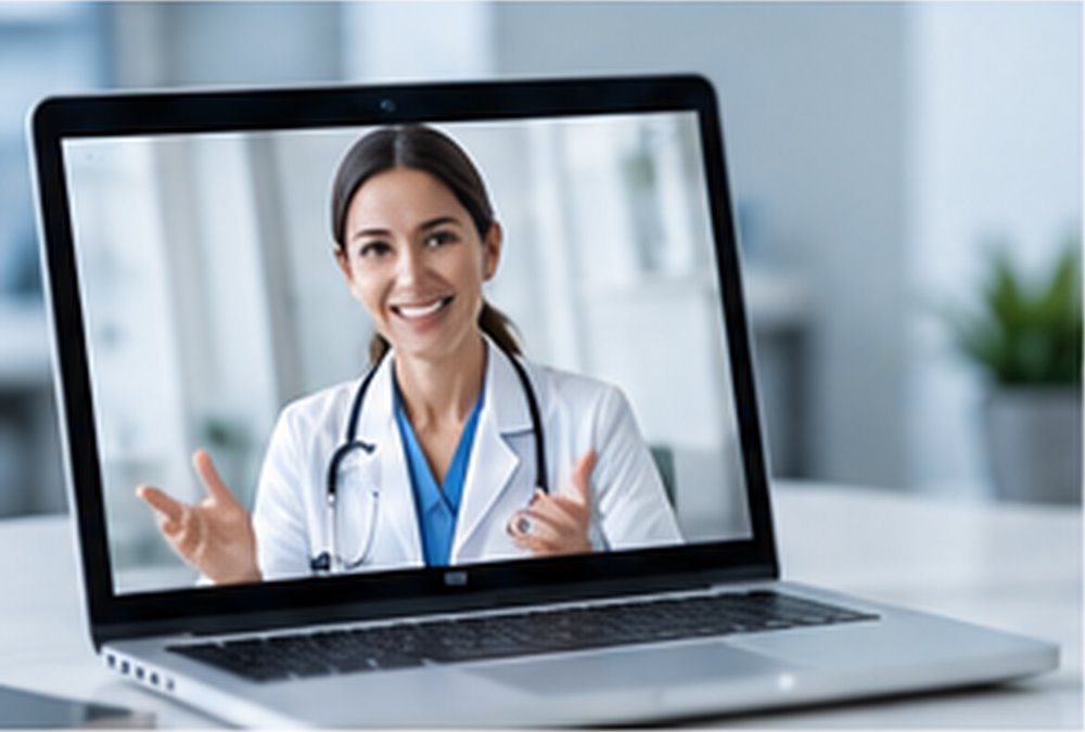Clinician on a video consultation, shown on a laptop screen